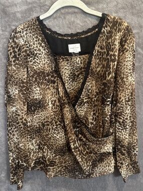 Emma James Animal Print Sheer Wrap Blouse & Brown Sheer Tank Top Size 12 Petite